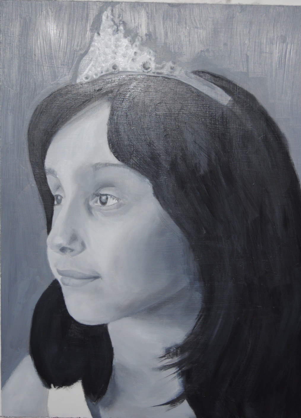 Dina Attia — grisaille oil portrait of a girl wearing a tiara