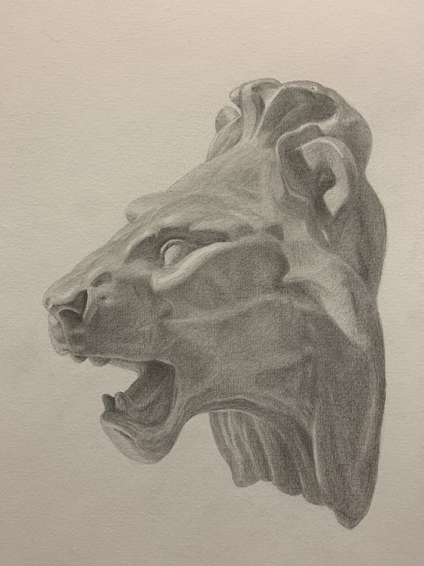 Stone lion sculpture, side view