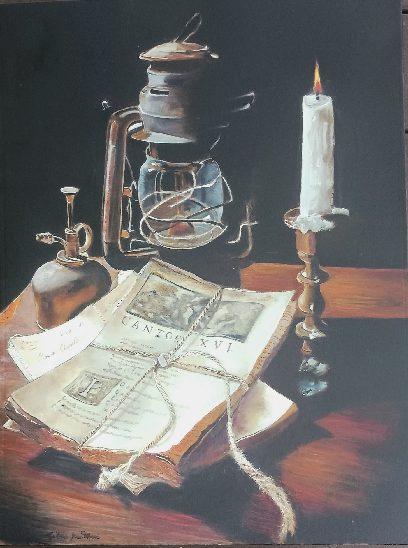 Gilles Jean-Marie — oil painting still life with an old lantern, candle, and bound book