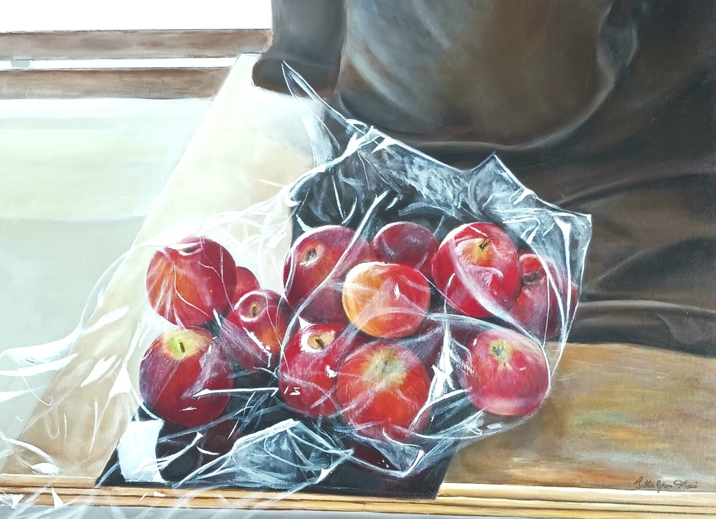 Gilles Jean-Marie — oil still life, apples in a plastic bag