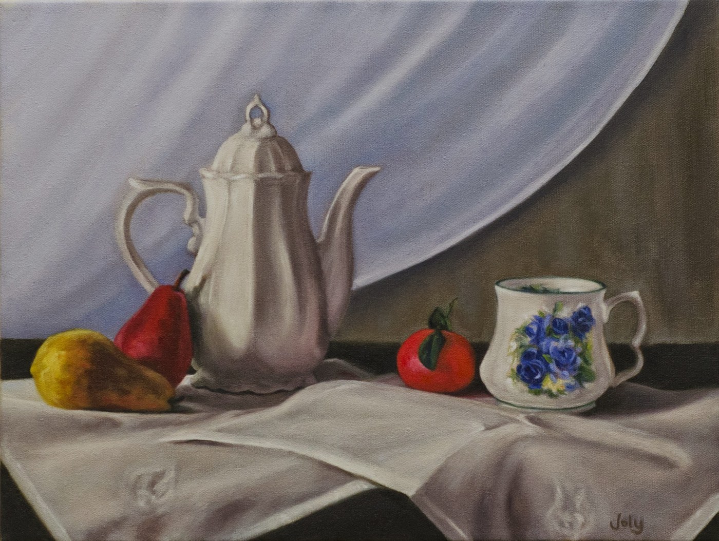 Suzanne Joly — Tea Time, oil still life with teapot and fruit