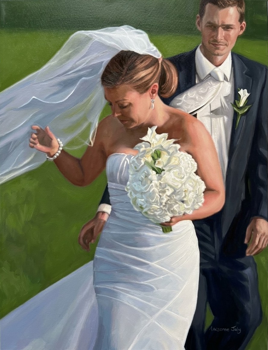 Suzanne Joly — The Promise, oil painting of a bride and groom