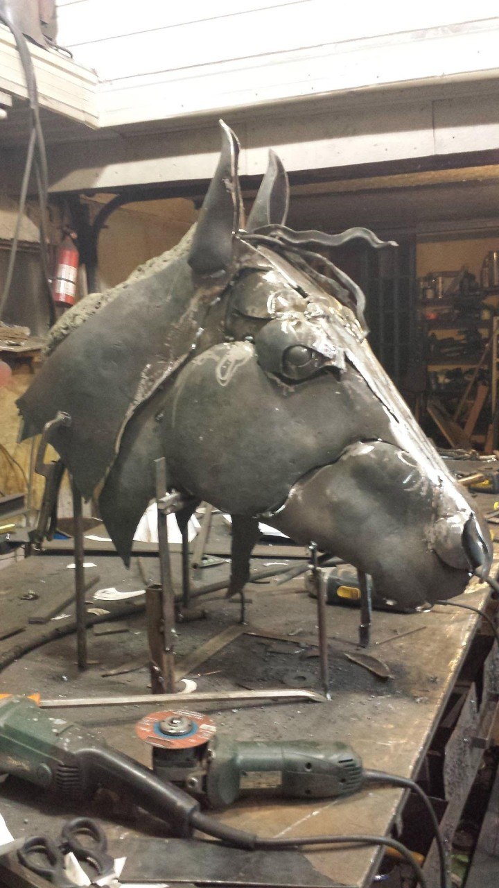 Michel Paradis — forged steel horse head sculpture, work in progress