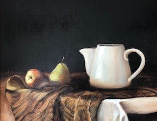 Desiree Rader — oil still life with pitcher, apple and pear