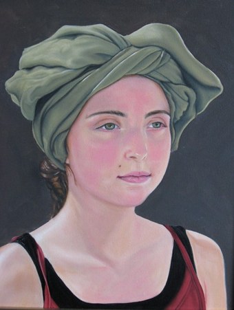 Sandra Savella — Tranquil Splendor, oil portrait of a woman in a green turban