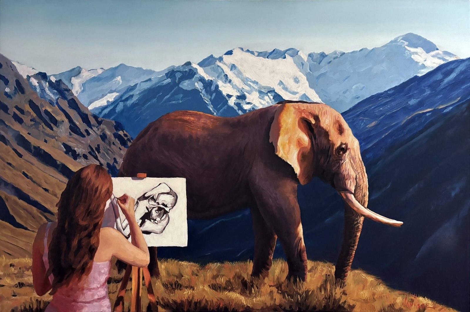 Eric Vanasse — oil painting of a woman sketching an elephant with snow-capped mountains behind