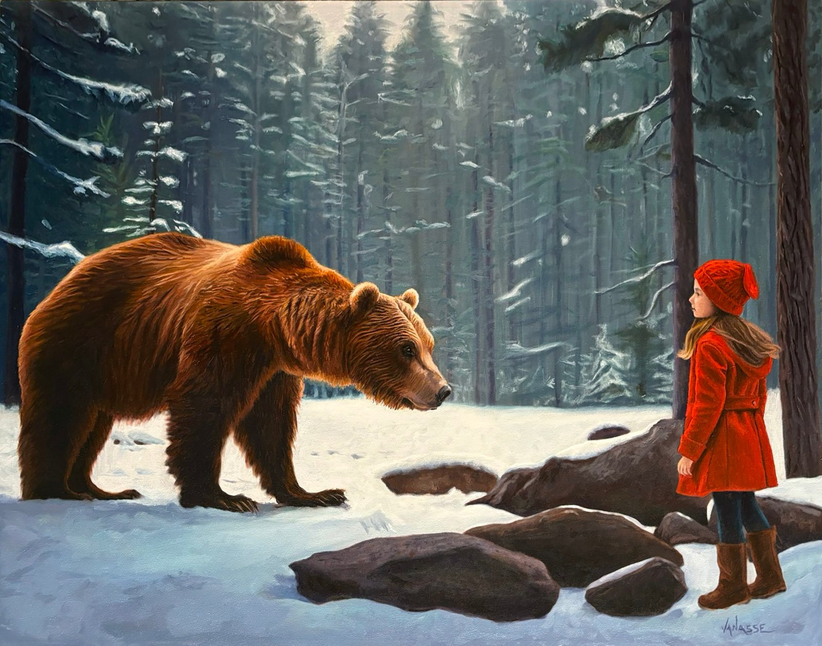 Eric Vanasse — oil painting of a girl in a red coat facing a bear in a snowy forest