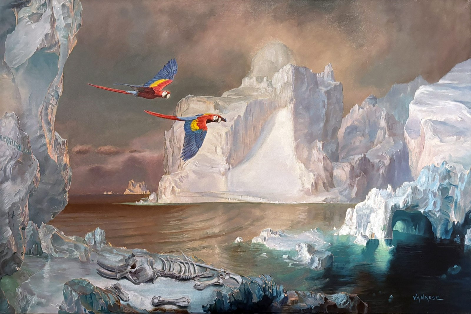 Eric Vanasse — oil painting of scarlet macaws flying among icebergs with a whale skeleton